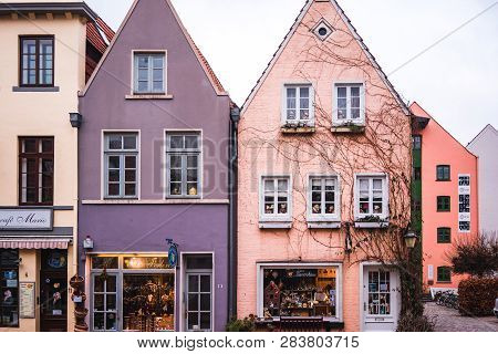 Bremen, Germany, January, 2019 - Colorful Houses In Historic Schnoorviertel In Bremen, Germany