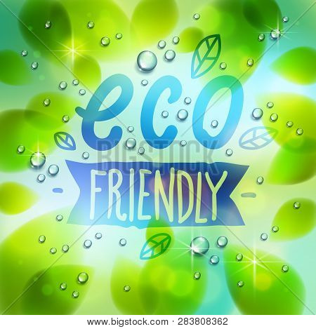 Eco Friendly Words Drawn On A Window, Fresh Green Leaves And Water Rain Drops Or Condensate Macro, V