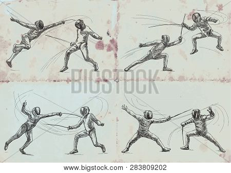 Competitive Fencing. Vector Collection, Pack. Two Sportmen, Athletes In A Match. An Hand Drawn Illus