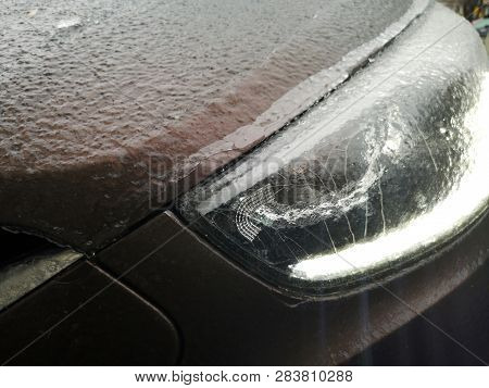 Freezing Rain On A Car - Photo Taken In Bucharest After The Freezing Rain In February 2019