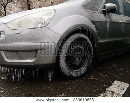 Freezing Rain On A Car - Photo Taken In Bucharest After The Freezing Rain In February 2019