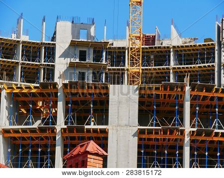 Construcyion Site Background. Metal Supports For Reinforced Concrete Structures. Scaffolding.