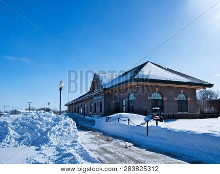 Bemidji, Mn - 8 Feb 2019: Brick Building With Snow On Roof In Winter Scene. Beltrami County History 