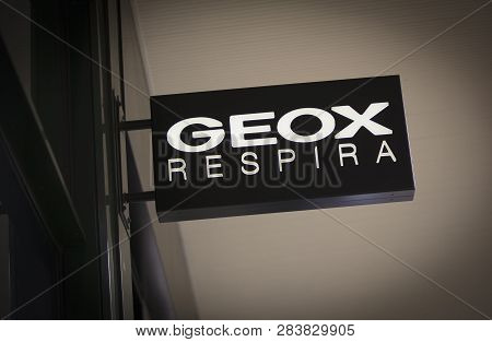 London, Greater London, United Kingdom, 7th February 2018, A Sign And Logo For Geox Respira Store