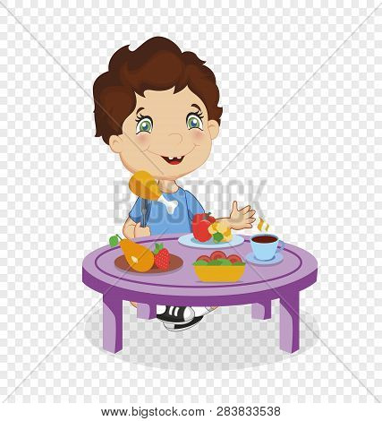 Funny Smie Cartoon Boy With Brown Hair And Blue Eyes Sit At Table With Healthy Food As Vegetables, F