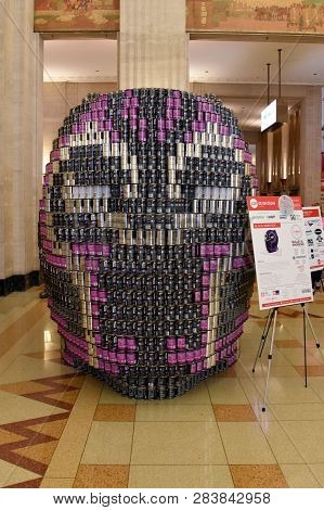Black Panther Mask, Canstruction Public Art Exhibit At Merchandise Mart, Chicago, Il September 10, 2