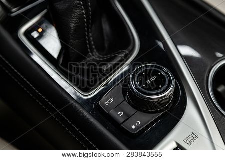 Novosibirsk, Russia - February 10, 2019:  Infiniti Q50, Close-up Of The Accelerator Handle And Butto