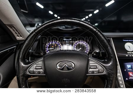 Novosibirsk, Russia - February 10, 2019:  Infiniti Q50, Close-up Of The Dashboard, Speedometer, Tach
