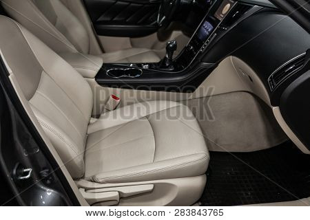Novosibirsk, Russia - February 10, 2019:  Infiniti Q50, Close-up Of The Dashboard, Speedometer, Tach