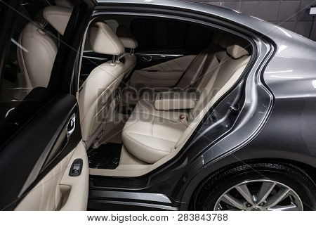 Novosibirsk, Russia - February 10, 2019:  Infiniti Q50, Close-up Of The Rear Seats. Photography Of A