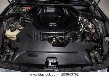 Novosibirsk, Russia - February 10, 2019:  Infiniti Q50, Close-up Of The Engine, Front View. Photogra