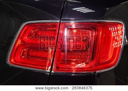 Novosibirsk, Russia - 08.01.18: Rear Taillamp Of Luxury Very Expensive New Black Bentley Bentayga Ca