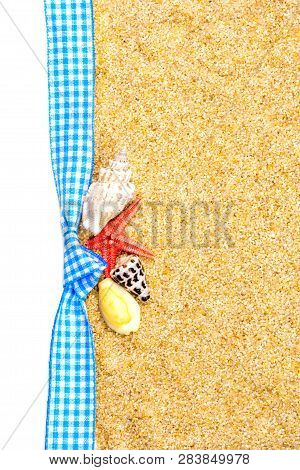 Holiday Gift Card With Blue Bow And Ribbon In The Middle Of Decoration With  Sea Shells On Backgroun