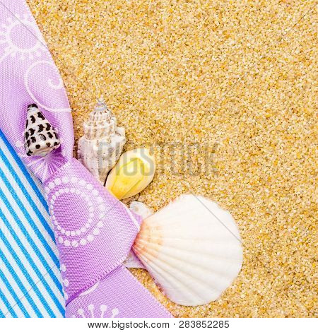 Holiday Gift Card With Violet Bow And Ribbon In The Middle Of Decoration With  Sea Shells On Backgro