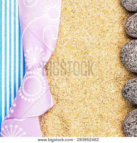 Birthday Gift Card With Violet Bow And Ribbon In The Middle And Background Made Of Stone With Plenty