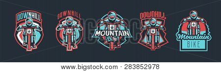 Set Of Emblems Cyclist On A Mountain Bike. Sport Bike Logo. Sport Bicycle, Racer, Jump, Downhill, Mt