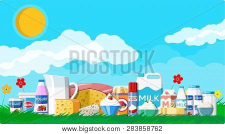 Dairy Products Set. Collection Of Milk Food. Milk, Cheese, Yogurt, Butter, Sour Cream, Cottage, Crea