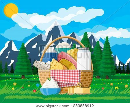 Dairy Products Set In Basket. Collection Of Milk Food. Milk, Cheese, Butter, Sour Cream, Cottage, Cr