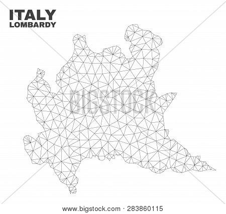 Abstract Lombardy Region Map Isolated On A White Background. Triangular Mesh Model In Black Color Of