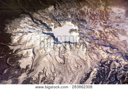 Sleeping Baitoushan Volcano In Winter, Satellite View. 4.5 Kilometer Diameter 850 Meters Deep Summit
