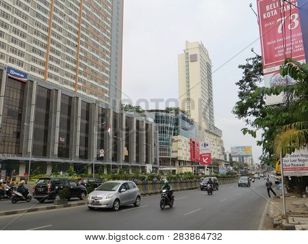 Tangerang, Indonesia - October 21, 2018: Traffic On Jalan Jenderal Sudirman.