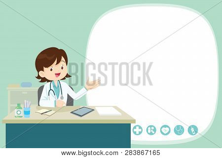 Doctor Present Sitting At The Table In Hospital, Infirmary, Clinic.healthcare Concept.character Prof