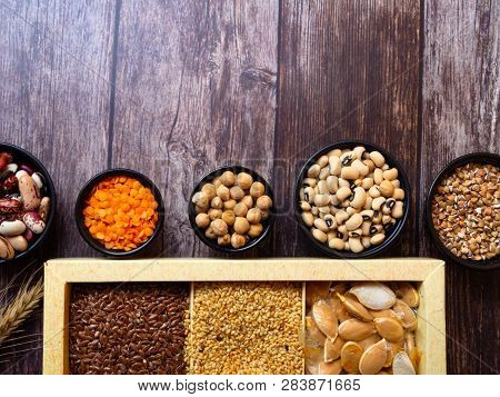 Bean Seeds, Lentil, Peas On Wooden Table, Healthy Rich With Fiber Food, Food Rich In Vitamin A, E, B
