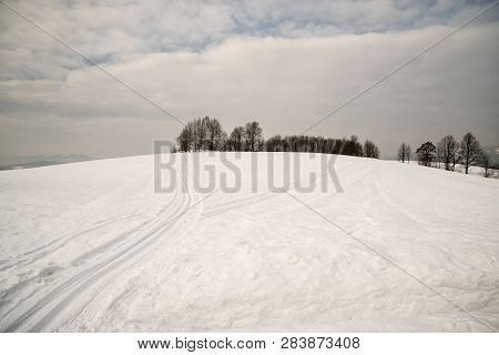 Cross-country Skiing Track On Mountain Meadow With Few Trees And Blue Sky With Clouds Above Bukovec 