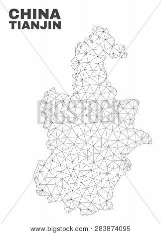 Abstract Tianjin City Map Isolated On A White Background. Triangular Mesh Model In Black Color Of Ti