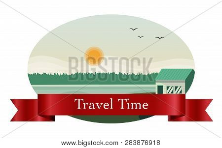 Landscape In The Frame, A Graphic Design Element. Labels With The Image Of Mountain, Sky, Birds, Fog
