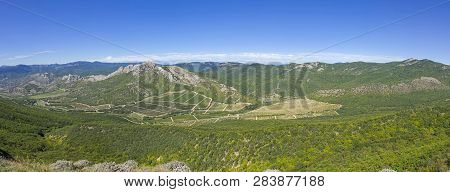 View Of The Vineyards In The Valley From The Top Of The Ridge. Crimea, Tokluk Mountain Range, Sunny 