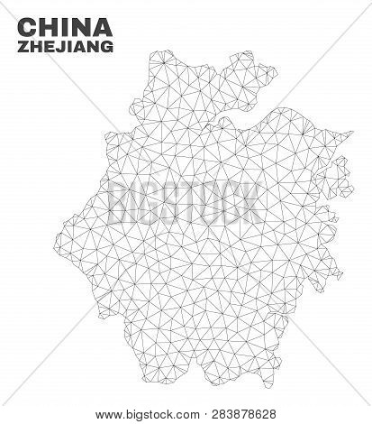 Abstract Zhejiang Province Map Isolated On A White Background. Triangular Mesh Model In Black Color 