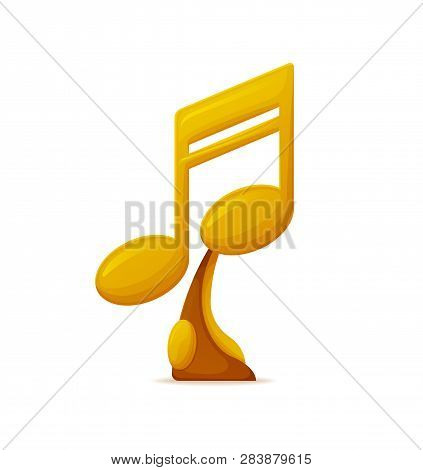 Music Award Vector, Gold Trophy In Form Of Note Isolated Icon. Nomination Special Prize For Winner O