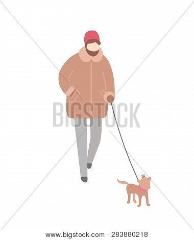 Woman Wearing Warm Winter Clothes Walking Dog On Leash Vector. Person Spending Time Outdoors With Pe