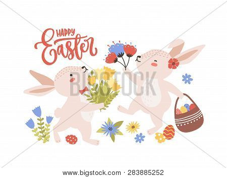 Easter Greeting Card Template With Pair Of Cute Funny Bunnies Or Rabbits Collecting Spring Flowers A