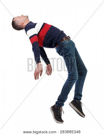 Side view of man in zero gravity or a fall. guy is flying, falling or floating in the air. Side view people collection.  side view of person.  Isolated over white. The guy in jeans falls on his back.