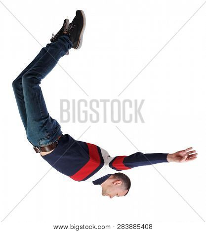 Side view of man in zero gravity or a fall. guy is flying, falling or floating in the air. Side view people collection.  side view of person.  Isolated over white background. guy in jeans falls down.
