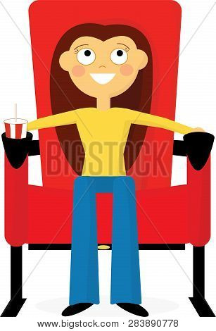 Girl Sitting On The Armchair In The Cinema And Watching A Movie