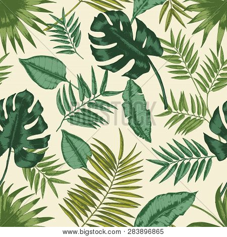 Hawaiian Seamless Pattern With Exotic Foliage. Tropical Backdrop With Leaves Of Jungle Plants And Pa
