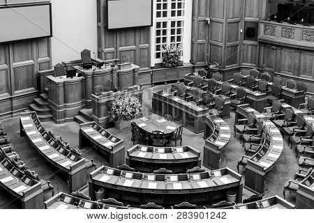 Copenhagen, Denmark - Occtober 05, 2016: Black And White Photograph Of The Interior Of The Danish Pa