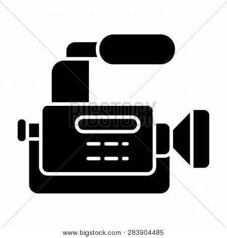 Reportage Camera Solid Icon. Camcorder Vector Illustration Isolated On White. Camera With Microphone