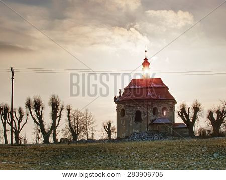 Farm Meadow For Horses At Village Church Or Chapel.  End Of Civilization