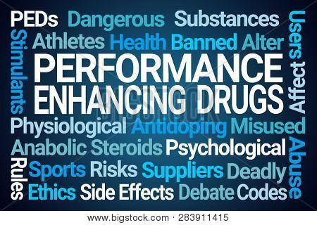 Performance Enhancing Drugs Word Cloud on Blue Background