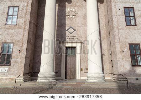 Copenhagen, Denmark - February 12, 2019: Entrance To The Freemasons Hall, The Headquarters Of The Da