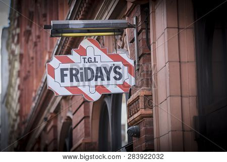 London, Greater London, United Kingdom, 7th February 2018, A Sign And Logo For Tgi Fridays Restauran