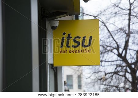 London, Greater London, United Kingdom, 7th February 2018, A Sign And Logo For Itsu Fastfood