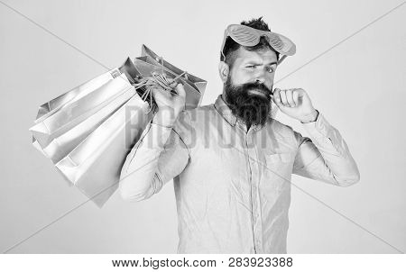 Shopping On Black Friday. Happy Shopping With Bunch Paper Bags. Shopping Addicted Consumer. Man Bear