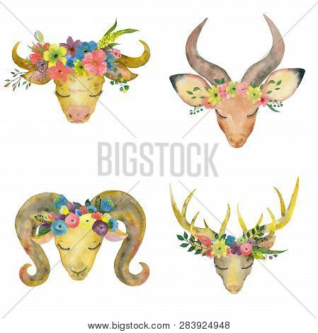 Set Of Horned Watercolor Animals In Floral Wreaths