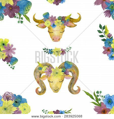 Seamless Watercolor Pattern With Cow And Bull In Flower Wreaths