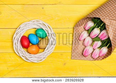 Happy Easter Season. Easter Eggs Symbol. Spring Vibes. Easter Is Coming. Colorful Bright Eggs And Bo